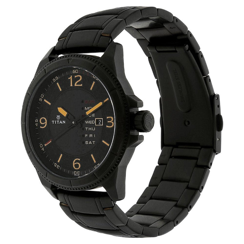 Titan Quartz Analog with Day and Date Black Dial Stainless Steel Strap Watch for Men