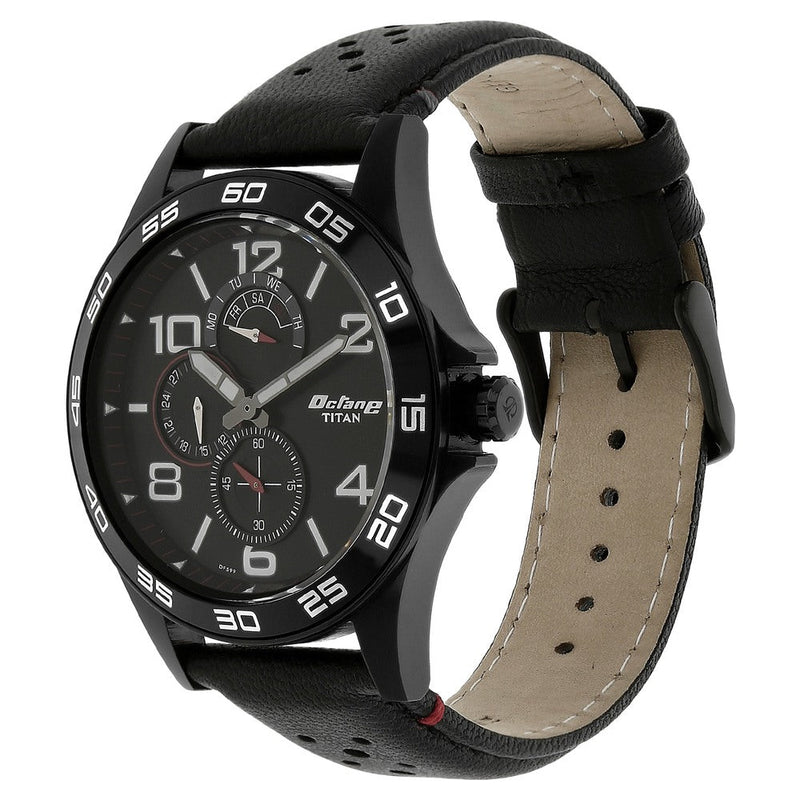 Titan Quartz Analog with Day and Date Black Dial Leather Strap Watch for Men