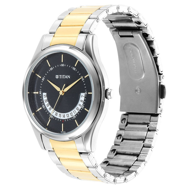 Titan Quartz Analog Black Dial Stainless Steel Strap Watch for Men