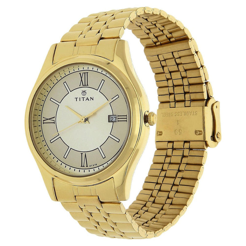 Titan Quartz Analog with Date Champagne Dial Stainless Steel Strap Watch for Men