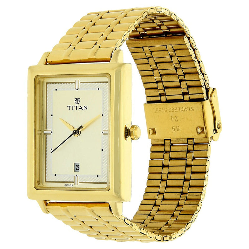 Titan Quartz Analog with Date Champagne Dial Stainless Steel Strap Watch for Men