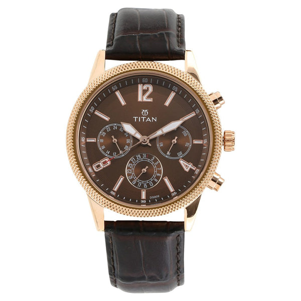 Titan Quartz Multifunction Brown Dial Leather Strap Watch for Men