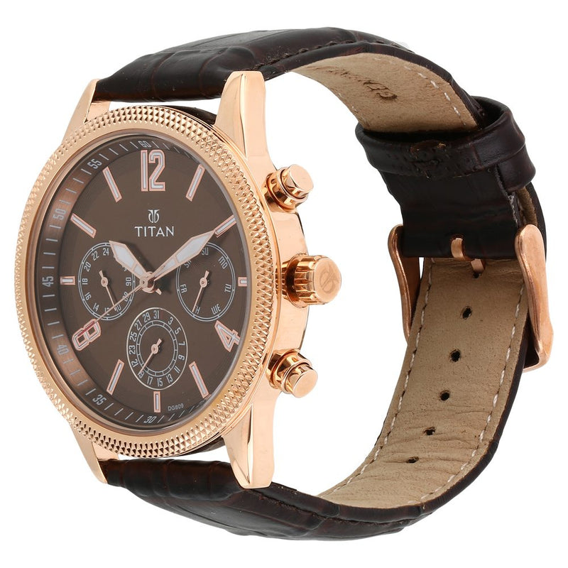 Titan Quartz Multifunction Brown Dial Leather Strap Watch for Men