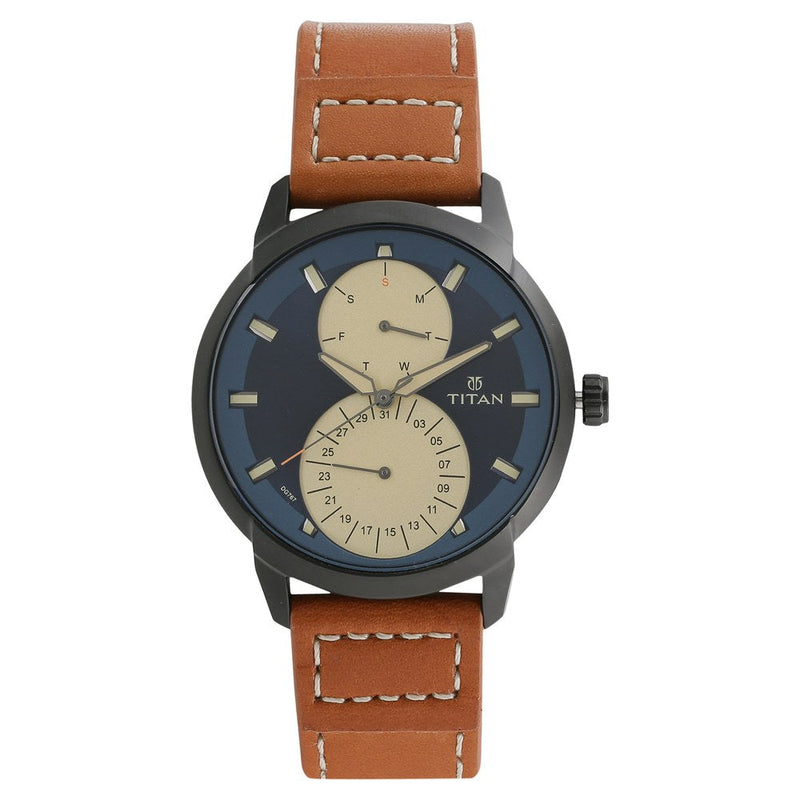 Titan Quartz Multifunction Blue Dial Leather Strap Watch for Men