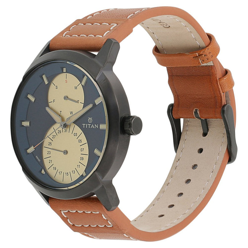 Titan Quartz Multifunction Blue Dial Leather Strap Watch for Men