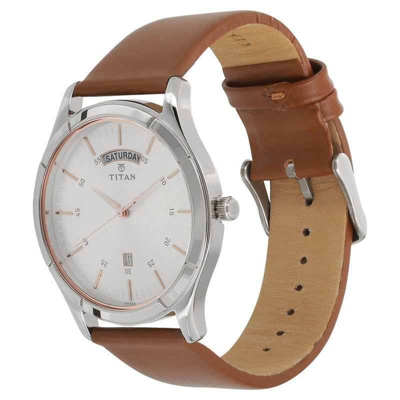 Titan On Trend White Dial Analog with Day and Date Leather Strap watch for Men