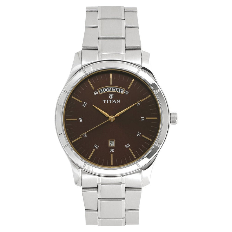 Titan Workwear Brown Dial Analog with Day and Date Stainless Steel Strap Watch for Men