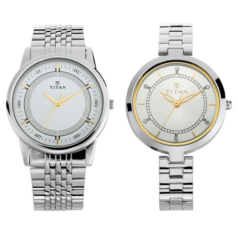 Titan Quartz Analog Silver Dial Stainless Steel Strap Watch for Couple