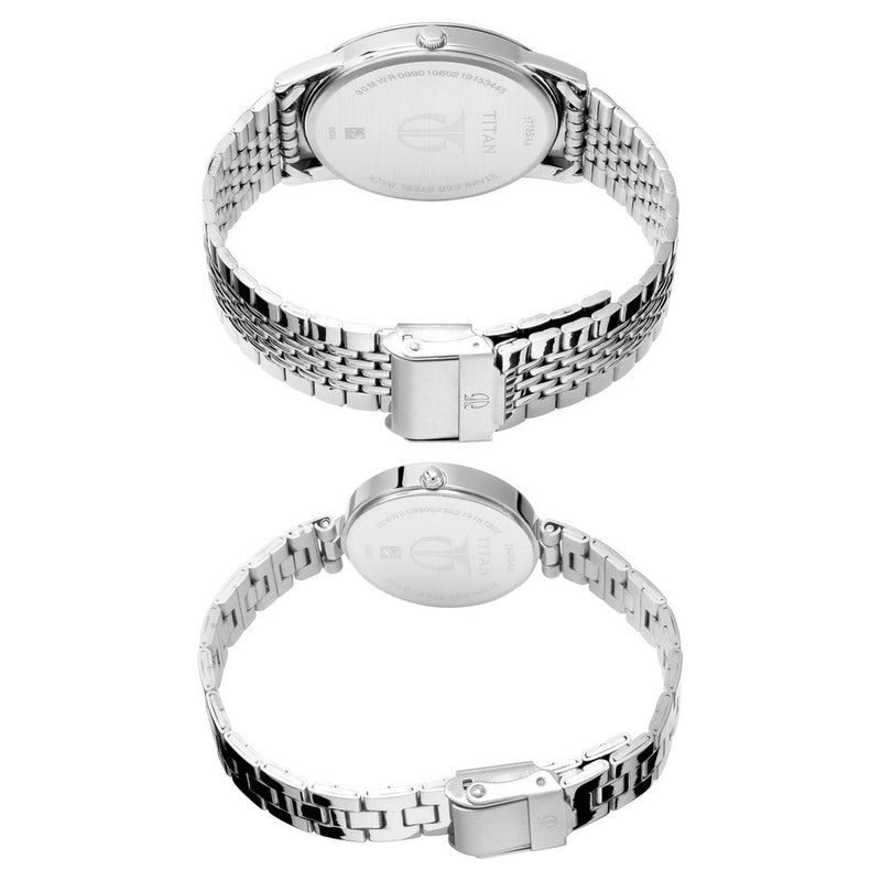 Titan Quartz Analog Silver Dial Stainless Steel Strap Watch for Couple