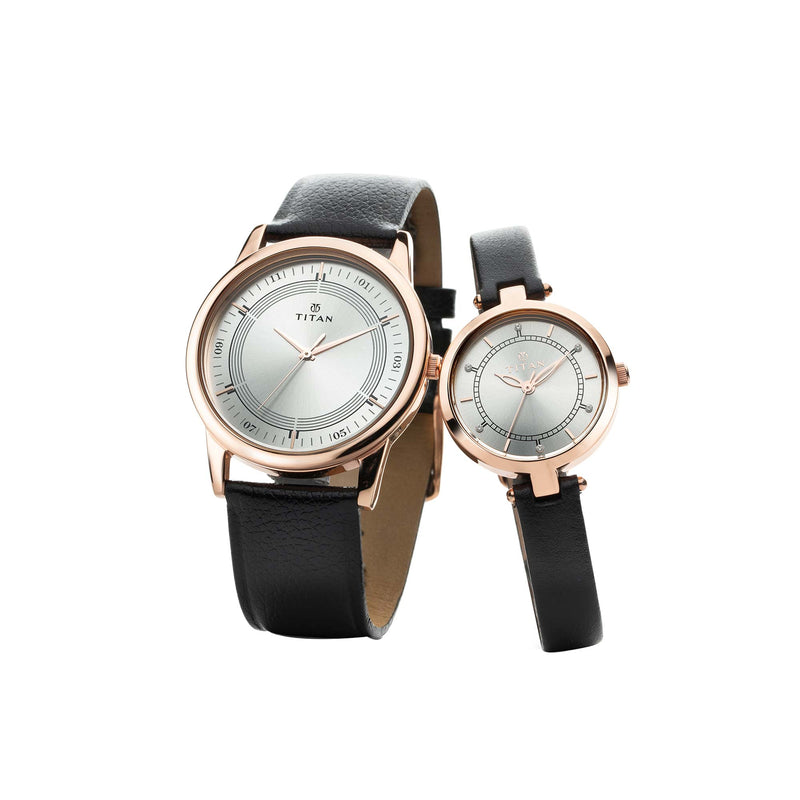 Titan Bandhan Silver Dial Analog Leather Strap watch for Couple