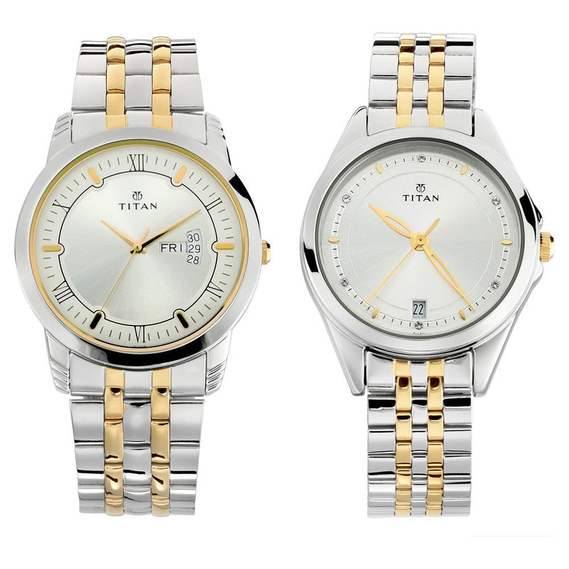 Titan Quartz Analog with Day and Date Silver Dial Stainless Steel Strap Watch for Couple