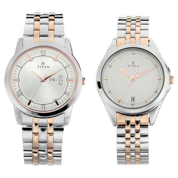 Titan Quartz Analog with Day and Date Silver Dial Stainless Steel Strap Watch for Couple