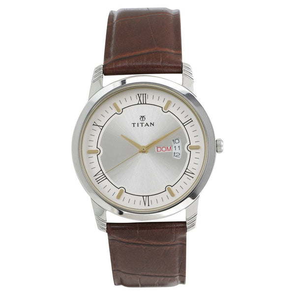 Titan Quartz Analog with Day and Date Silver Dial Leather Strap Watch for Men