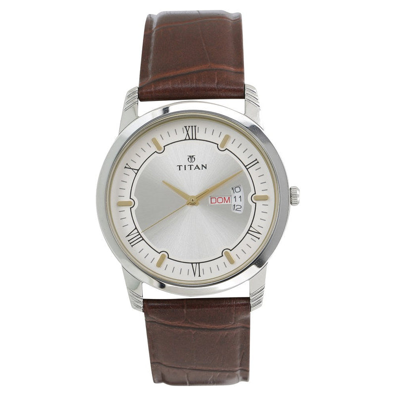 Titan Quartz Analog with Day and Date Silver Dial Leather Strap Watch for Men