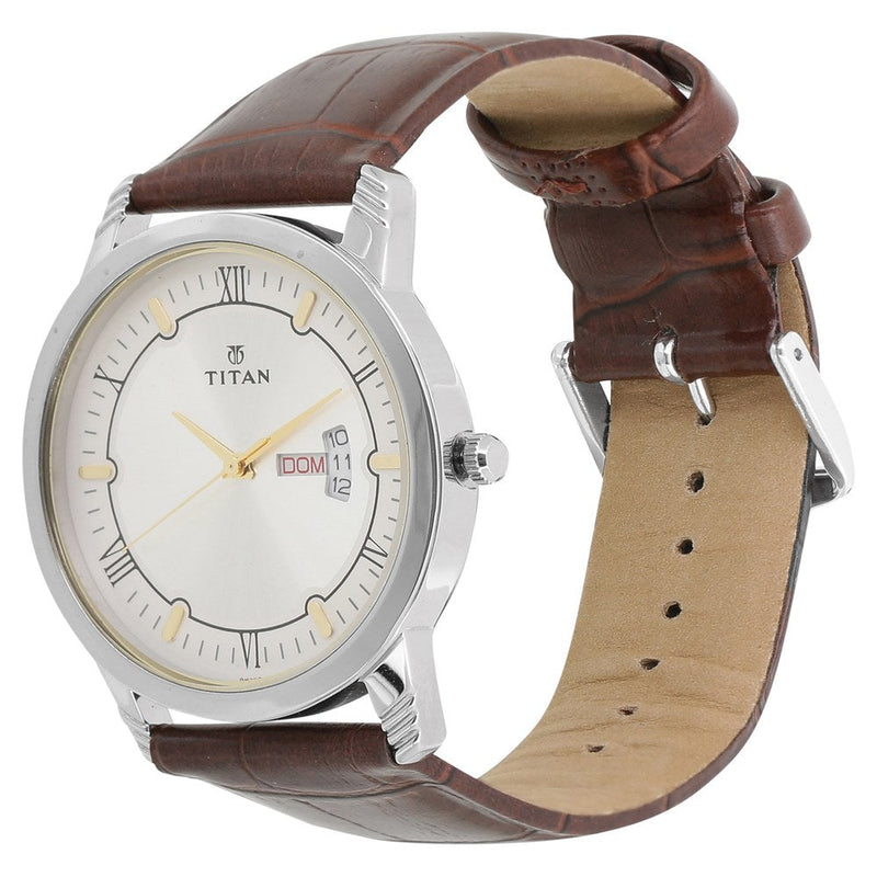 Titan Quartz Analog with Day and Date Silver Dial Leather Strap Watch for Men