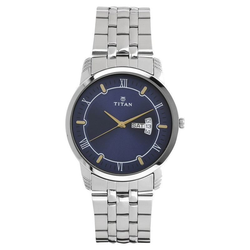 Titan Analog with Day and Date Blue Dial Stainless Steel Strap watch for Men