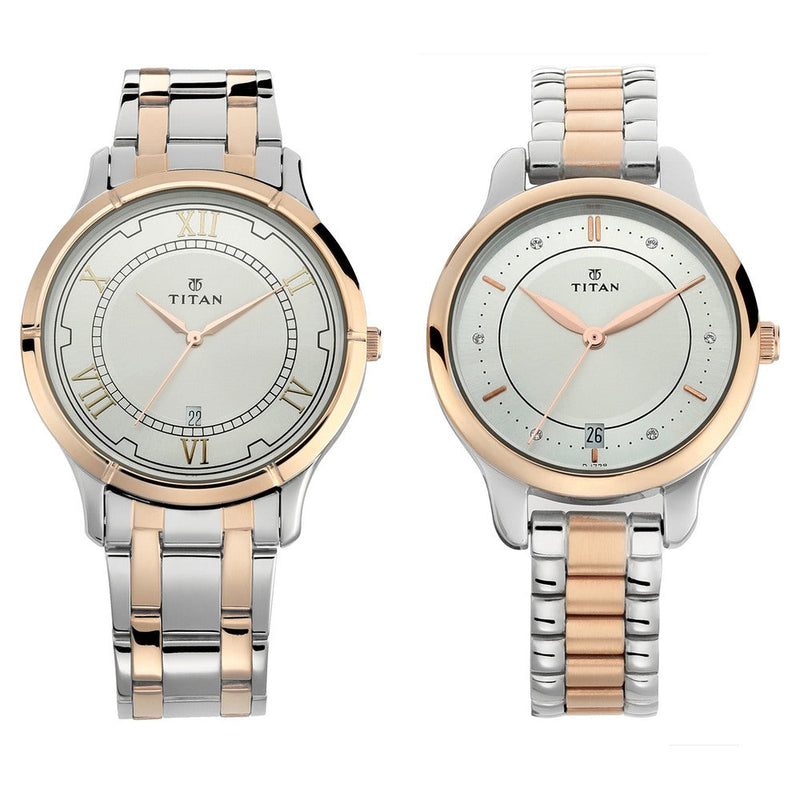 Titan Quartz Analog with Date Silver Dial Stainless Steel Strap Watch for Couple