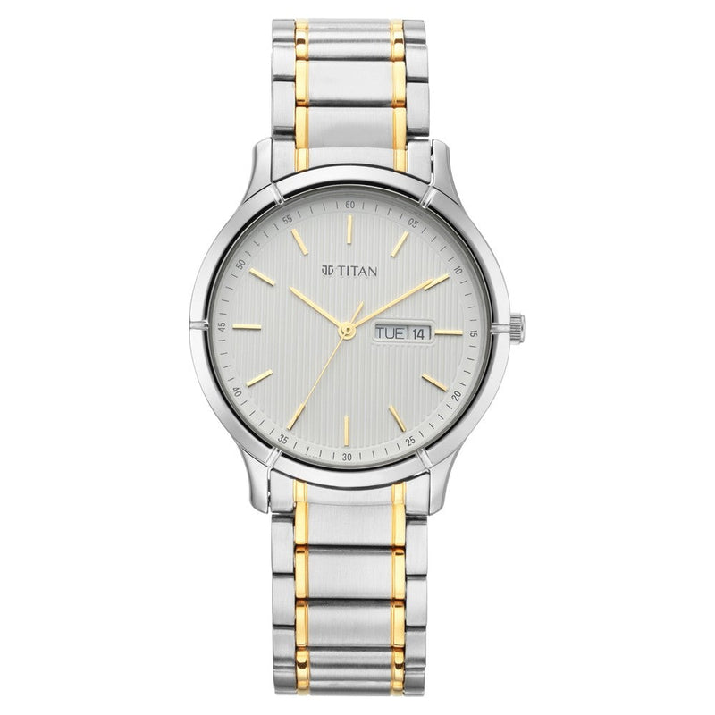 Titan Lagan White Dial Analog Day and Date Metal Strap Watch for Men