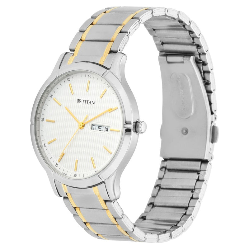 Titan Lagan White Dial Analog Day and Date Metal Strap Watch for Men