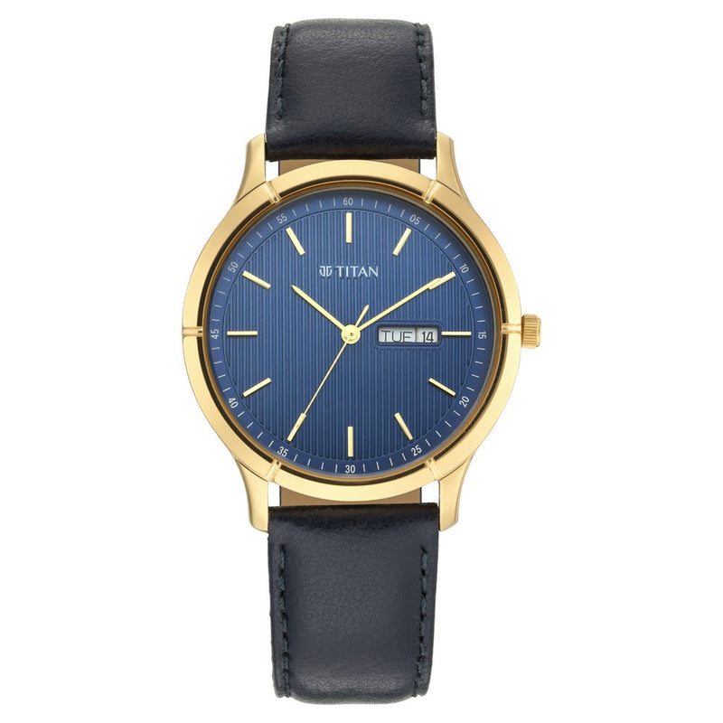 Titan Lagan Blue Dial Analog with Day and Date Leather Strap Watch for Men