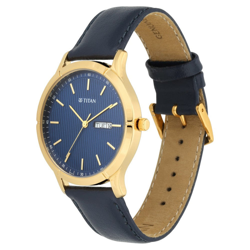 Titan Lagan Blue Dial Analog with Day and Date Leather Strap Watch for Men