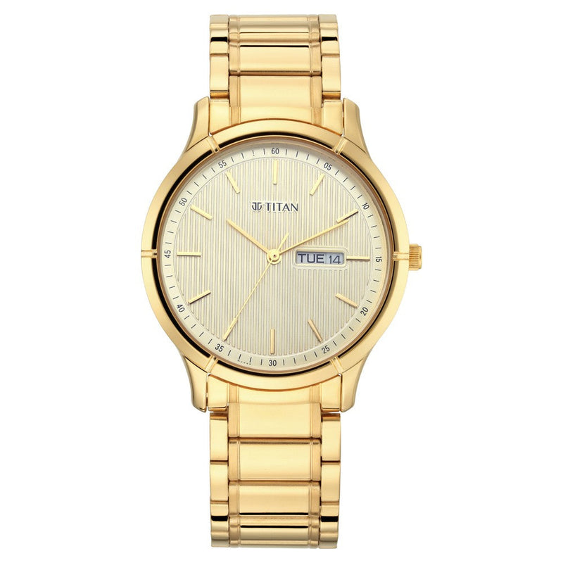 Titan Lagan Yellow Dial Analog with Day and Date Metal Strap Watch for Men