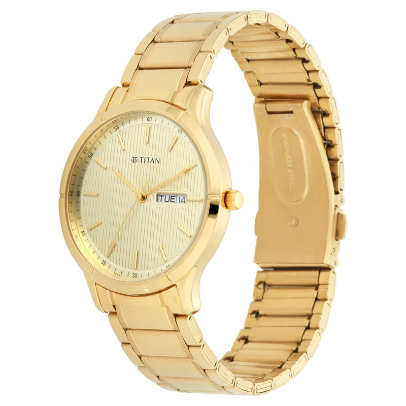 Titan Lagan Yellow Dial Analog with Day and Date Metal Strap Watch for Men