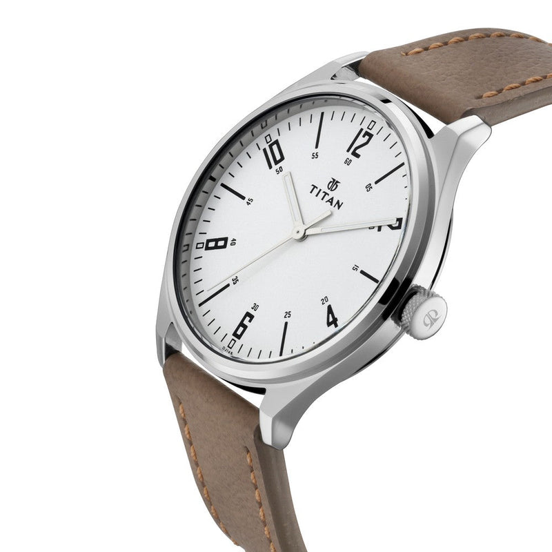 Titan Quartz Analog Silver Dial Leather Strap Watch for Men