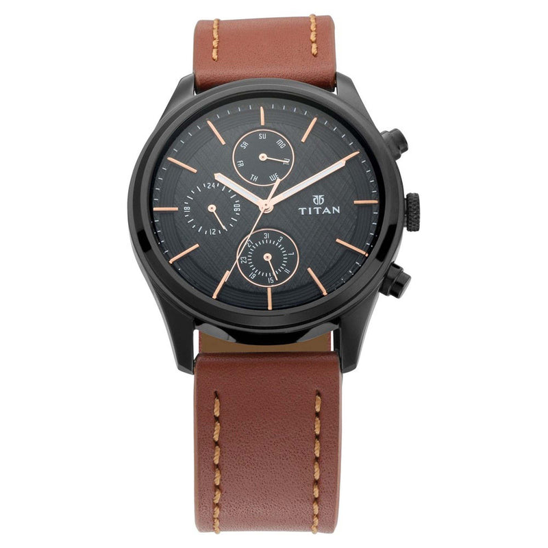 Titan Quartz Multifunction Black Dial Leather Strap Watch for Men