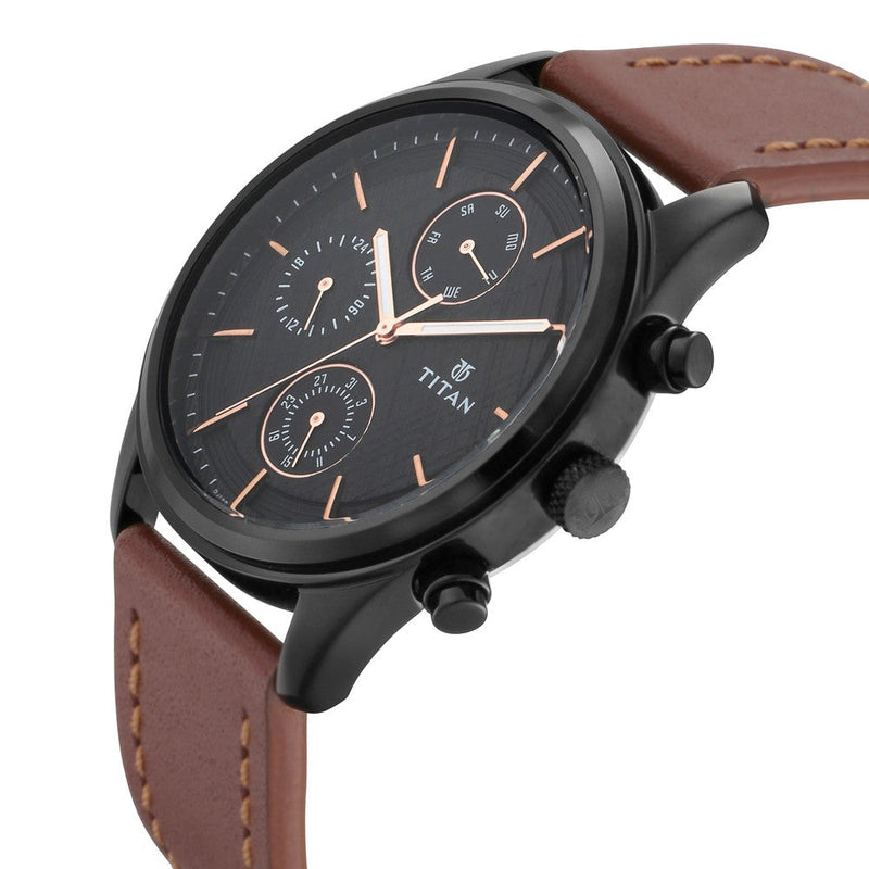 Titan Quartz Multifunction Black Dial Leather Strap Watch for Men