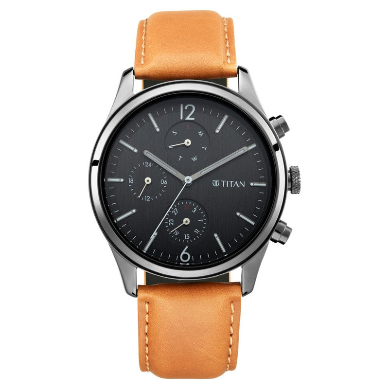 Titan Quartz Multifunction Black Dial Leather Strap Watch for Men