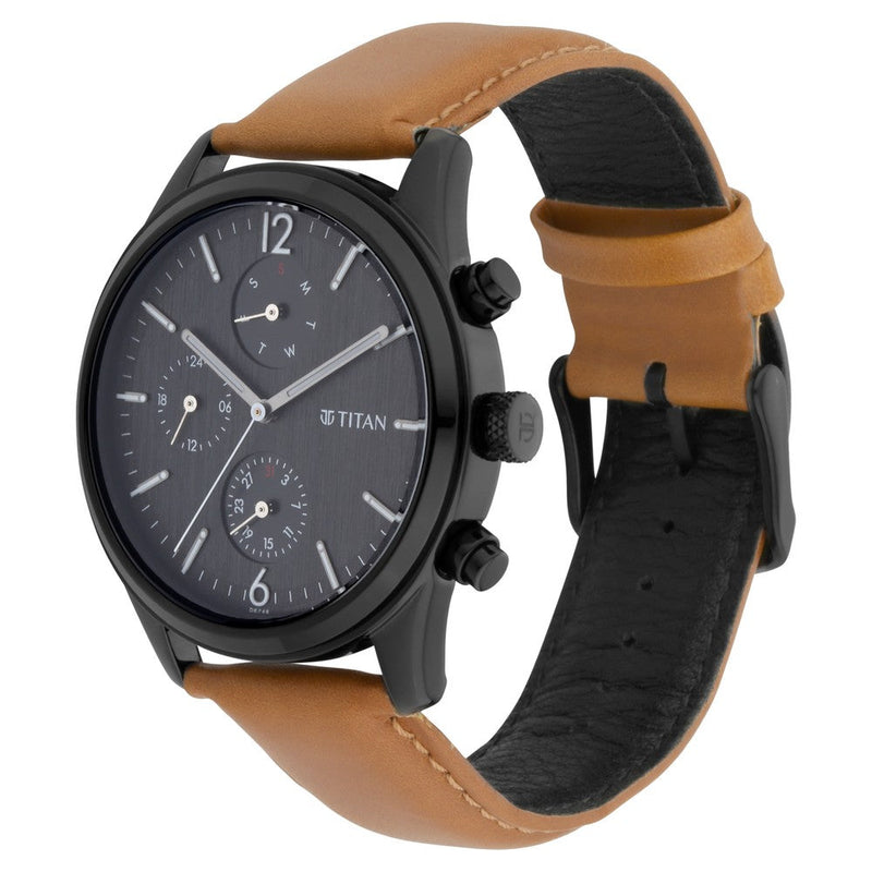 Titan Quartz Multifunction Black Dial Leather Strap Watch for Men