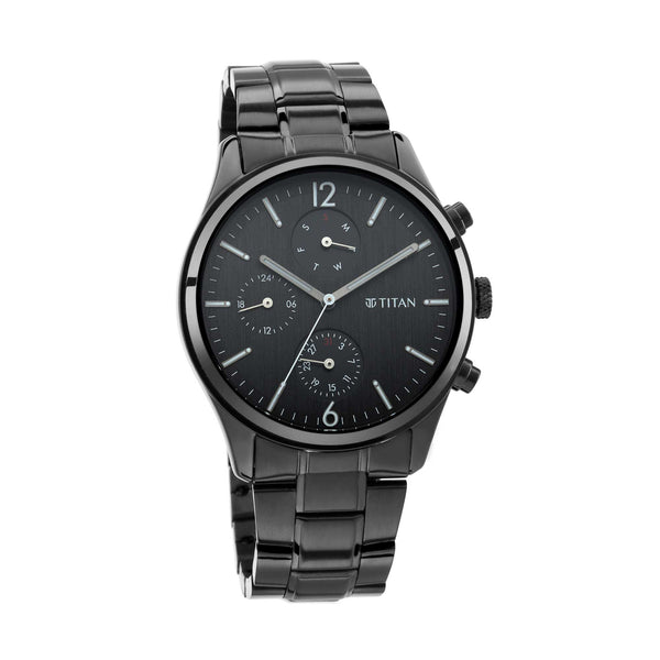 Titan Quartz Multifunction Black Dial Metal Strap Watch for Men