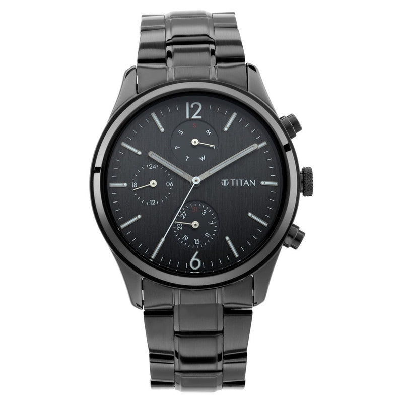 Titan Quartz Multifunction Black Dial Metal Strap Watch for Men