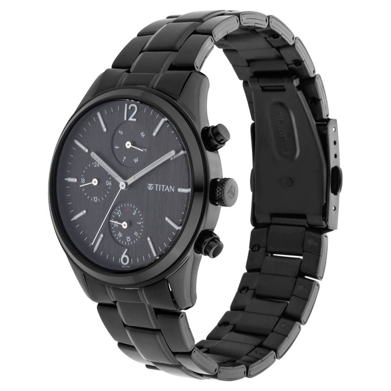 Titan Quartz Multifunction Black Dial Metal Strap Watch for Men