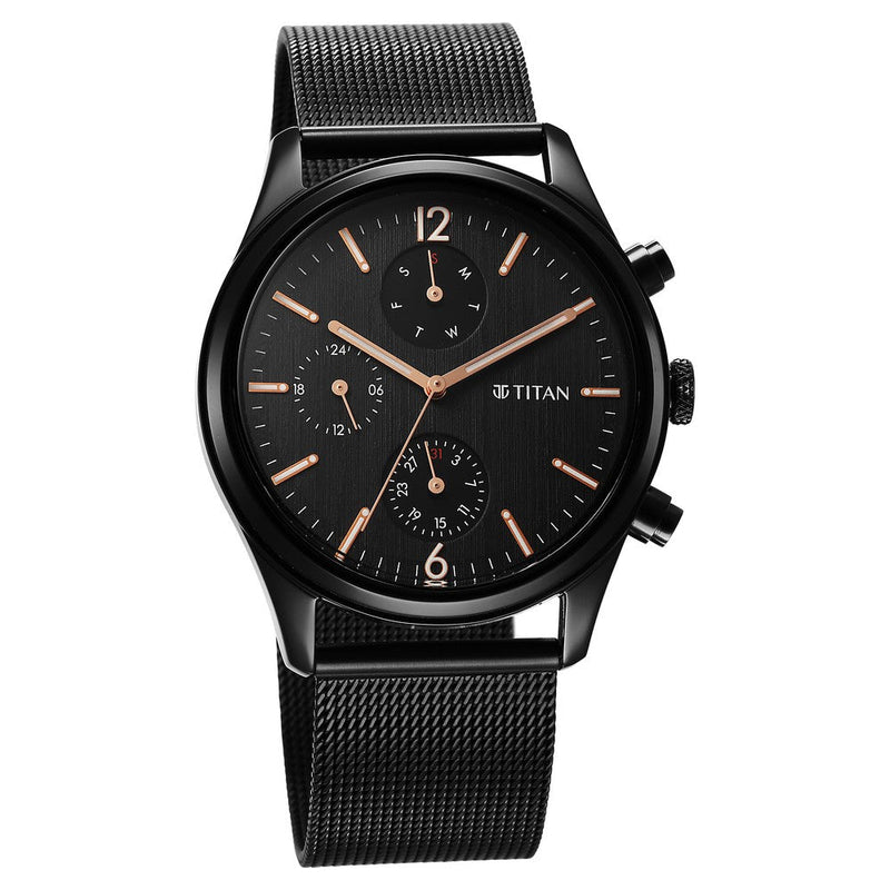 Titan Neo Black & Gold Quartz Analog with Day and Date Black Dial Stainless Steel Strap Watch for Men