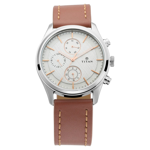 Titan Quartz Multifunction Silver Dial Leather Strap Watch for Men