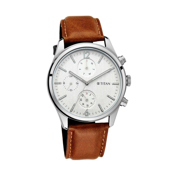 Titan Quartz Multifunction White Dial Leather Strap Watch for Men