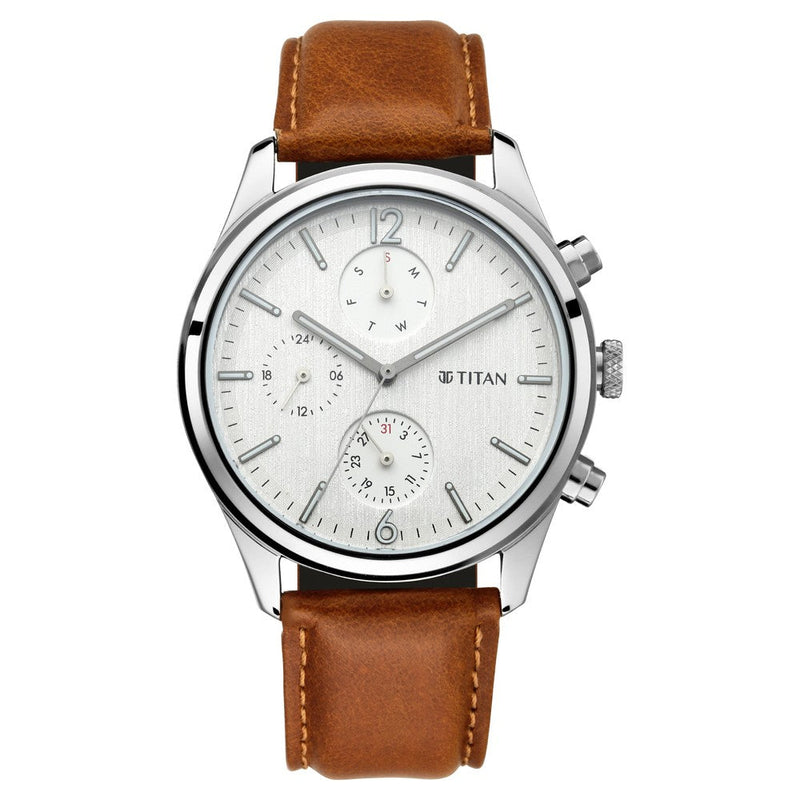 Titan Quartz Multifunction White Dial Leather Strap Watch for Men