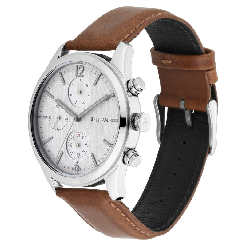 Titan Quartz Multifunction White Dial Leather Strap Watch for Men