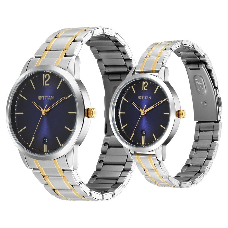 Titan Quartz Analog with Date Blue Dial Stainless Steel Strap Watch for Couple