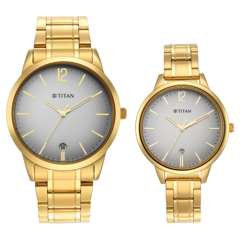 Titan Bandhan Grey Dial Analog Stainless Steel Strap Watch for Couple