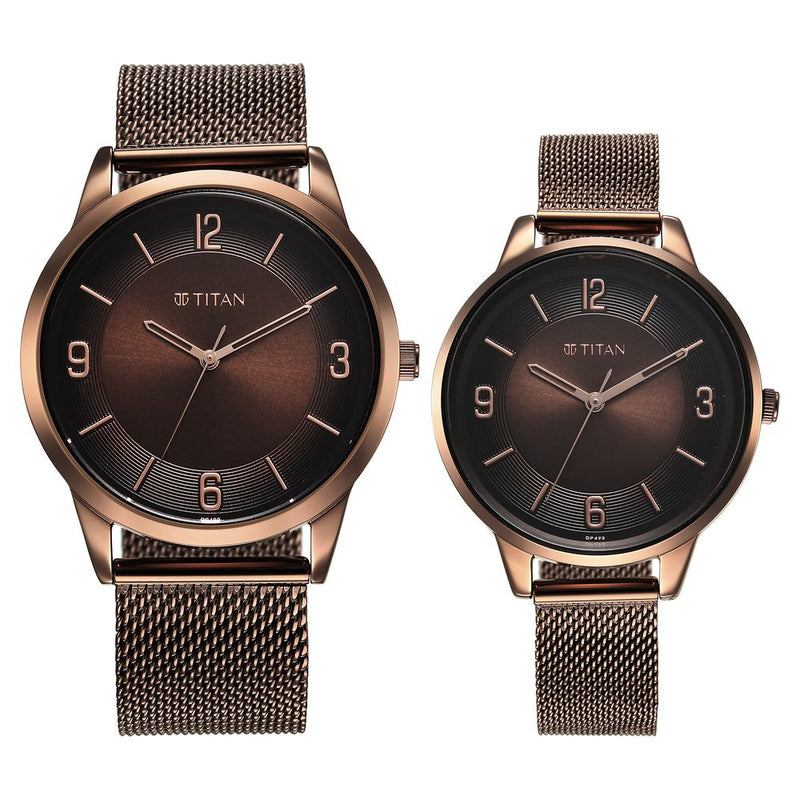 Titan Bandhan Quartz Analog Brown Dial Stainless Steel Strap Watch for Couple