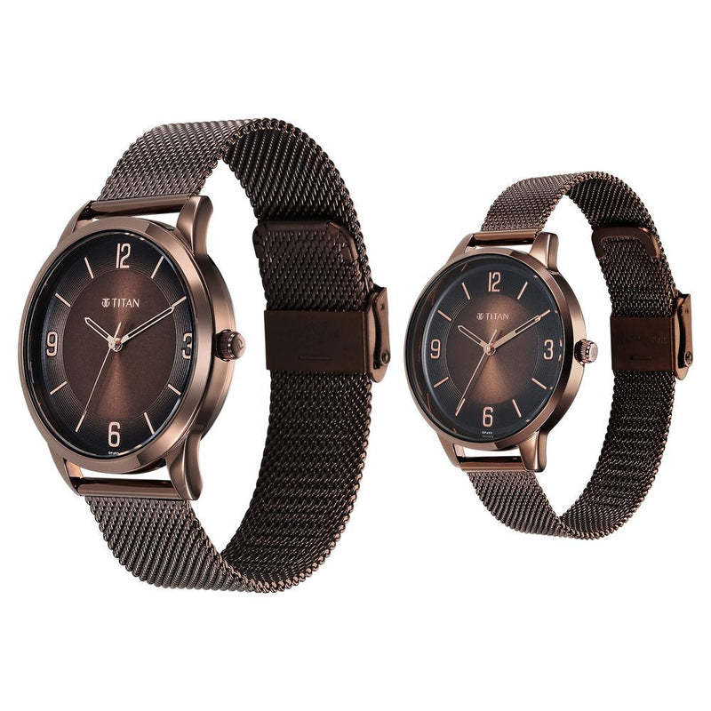 Titan Bandhan Quartz Analog Brown Dial Stainless Steel Strap Watch for Couple