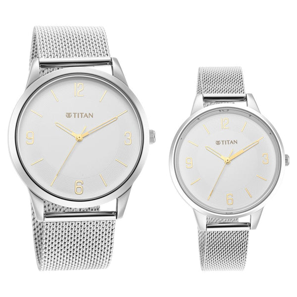 Titan Quartz Analog White Dial Stainless Steel Strap Watch for Couple