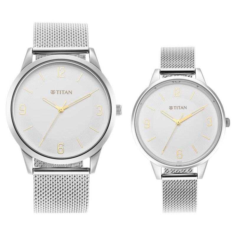 Titan Quartz Analog White Dial Stainless Steel Strap Watch for Couple