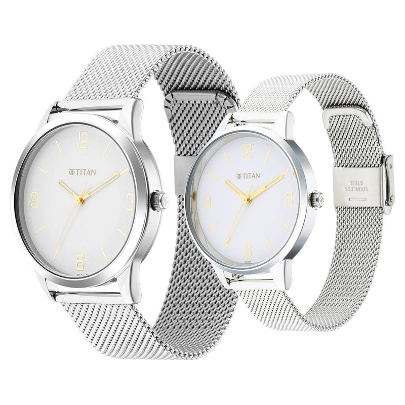 Titan Quartz Analog White Dial Stainless Steel Strap Watch for Couple