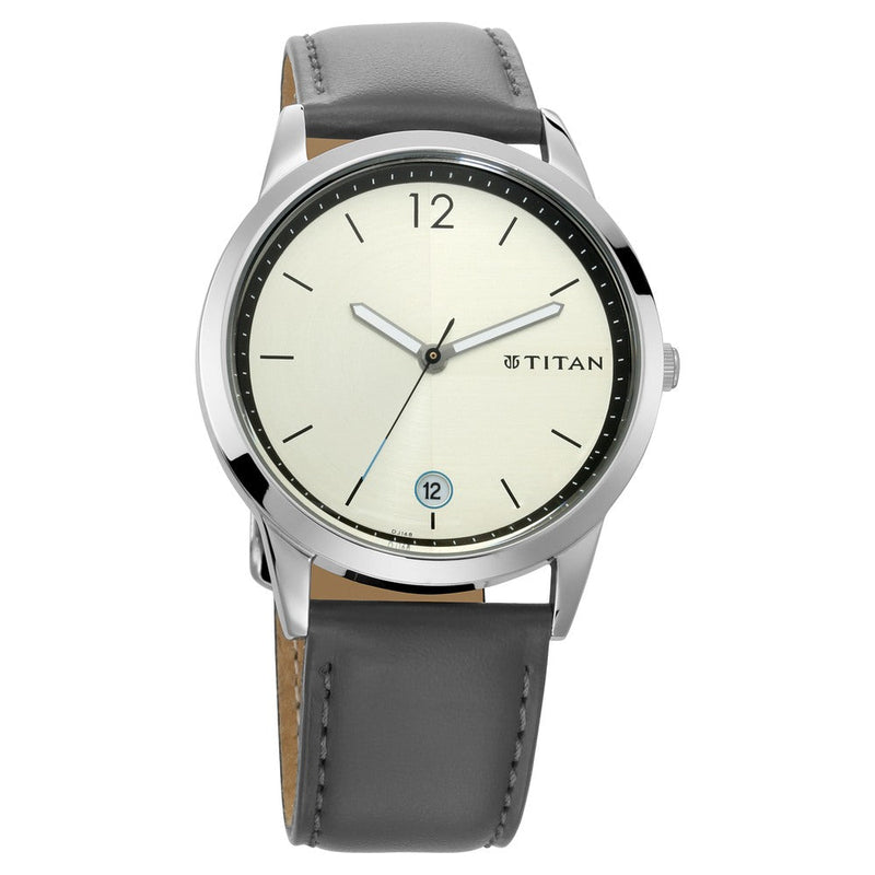 Titan Quartz Analog with Date Silver Dial Leather Strap Watch for Men