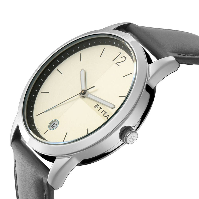 Titan Quartz Analog with Date Silver Dial Leather Strap Watch for Men