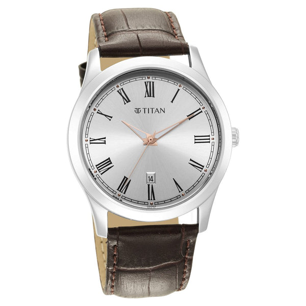 Titan Trendsetters Silver White Dial Analog Leather Strap watch for Men